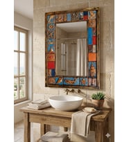 El Yapımı Deniz Temalı Dekoratif Ayna – Seramik Çerçeveli, Rustik & Bohem Duvar Aynası (Banyo, Antre, Salon) 74x51cm