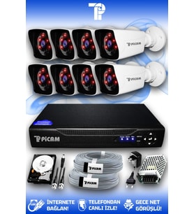 PICAM 8 Kameralı Kare 8 Dış Kamera Set 250 GB HDD Full HD Gece Görüşlü Güvenlik Kamerası Sistemi