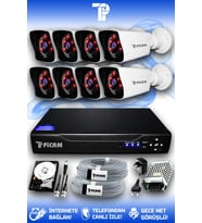 PICAM 8 Kameralı Kare 8 Dış Kamera Set 250 GB HDD Full HD Gece Görüşlü Güvenlik Kamerası Sistemi