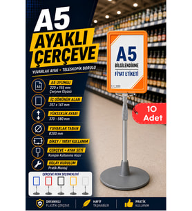10 Adet - A5 Ayaklı Menü ve Fiyat Bilgi Standı Yuvarlak Tabanlı Teleskopik Çerçeve Etiketlik Turuncu