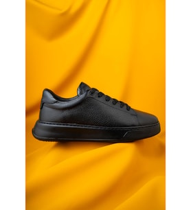 Siyah Casual Bağcıklı Deri Sneakers