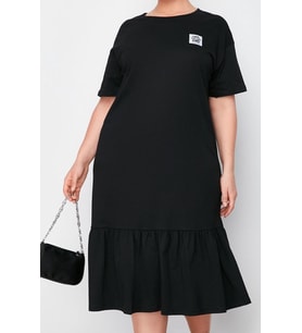 Moda Bisiklet Yaka Midi Boy Büyük Beden Büzgü ve Etiket Detaylı %100 Pamuk Örme T-shirt Elbise