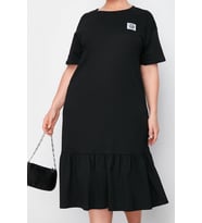 Moda Bisiklet Yaka Midi Boy Büyük Beden Büzgü ve Etiket Detaylı %100 Pamuk Örme T-shirt Elbise