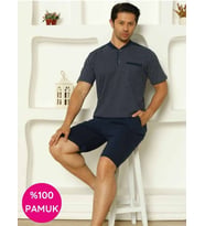 Erkek Desenli Bisiklet Yaka 3 Düğmeli Göğüs Cepli %100 Pamuk Kısa Kol Şortlu Pijama Takımı (İndigo)