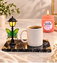Sokak Lambalı Beyaz Kupa ve Kokulu Mum Siyah Mermer Kaideli