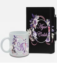 Kişiye Özel Siyah Ajanda Defter & Beyaz Kupa & Roller Kalem Hediye Seti