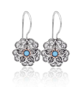 Firuze Taşlı Gül Model Oksitli 925 Ayar Gümüş Telkari Kadın Küpe 201025651