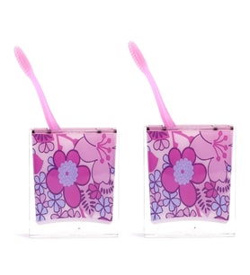 2 ADET DİŞ FIRÇALIK PEMBE ÇİÇEKLİ AKRİLİK 10X10X3CM BANYO SETİ