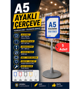 5 Adet - A5 Ayaklı Menü ve Fiyat Bilgi Standı Yuvarlak Tabanlı Teleskopik Çerçeve Etiketlik Mavi