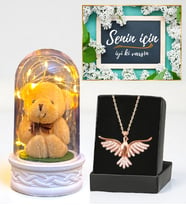 Led Işıklı Biblolu Fanus ve Gerçek Ametist Taşlı Anka Kuşu Kolye (Model 6)