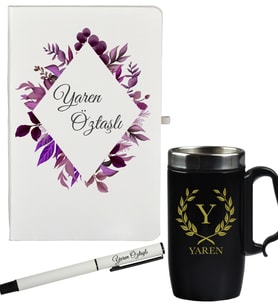 Çiçek ve İsim Tasarımlı Kişiye Özel Defter Kalem Siyah Termos Mug Seti