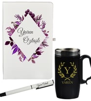 Çiçek ve İsim Tasarımlı Kişiye Özel Defter Kalem Siyah Termos Mug Seti