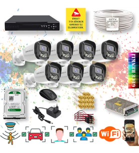 7 Kameralı Set - Yapay Zeka Özellikli Gece Renkli Gösteren 5MP SONY Lensli 4 Ultra Warm Ledli FULLHD Güvenlik Kamerası Seti 2304W-108