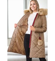 Dewberry Kadın %100 Polyester Kürklü Ponponlu Kaban Vizon Z6646 Şehir ve Ofis Stili, Kazak ve Gömlek Kombini