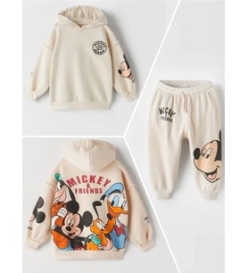 Mickey Mouse Görselli Kapüşonlu Bebek Çocuk Alt Üst Takım-Koyu Bej