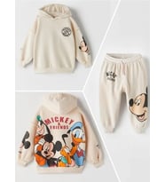 Mickey Mouse Görselli Kapüşonlu Bebek Çocuk Alt Üst Takım-Koyu Bej