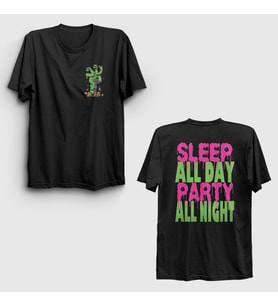 Presmono Unisex Siyah Sleep All Day Party All Night Sırt Baskılı T-Shirt 534128tt