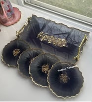 Altın Varaklı Büyük Boy Söz Nişan Damat Epoksi Sunum Tepsi Bardak Altlığı Seti (Siyah)