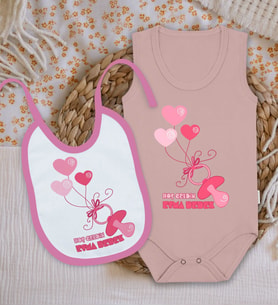 BK Kids Kişiye Özel İsimli Pembe %100 Pamuklu Askılı Sıfır Kol Bebek Body Zıbın ve Mama Önlüğü Hediye Seti-1