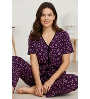 Kadın Mor Kalp Desenli Fiyonklu Kısa Kollu Uzun Pijama Takımı