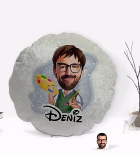 BK Gift Kişiye Özel İsimli Erkek Ressam Karikatürlü Yuvarlak Dekoratif Kırlent Yastık-1