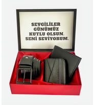 Erkek Set Kemer , Cüzdan , Kartlık  Hediyelik Kutusunda Siyah Renk