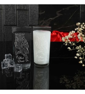 Ahşap Kutulu Baykuş Figürlü Kişiye Özel 2'li Rakı Kadehi Seti
