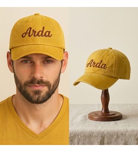 BK Gift Kişiye Özel İsim Nakışlı Vintage Sarı Beyzbol Şapkası Unisex Eskitme Kumaş Metal Tokalı