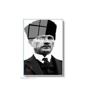 Dikey Çerçeveli Cam Sb Kalpaklı Ataturk Modern Ev Dekoru Duvar Sanatı Ev Ofis Tablosu (Gümüş)