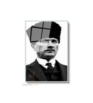 Dikey Çerçeveli Cam Sb Kalpaklı Ataturk Modern Ev Dekoru Duvar Sanatı Ev Ofis Tablosu (Gümüş)