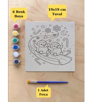 Tuval Boyama Aktivite Seti Sevimli Penguenler Baskılı 19x19 Cm (Tuval, Fırça ve 6 Renk Akrilik Boya Seti)