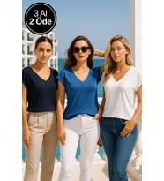 Kadın 3'lü Paket Lacivert-Koyu Mavi-Beyaz Viskon Ön Arka V Yakalı T-shirt Yarasa Kol Relaxed Bluz