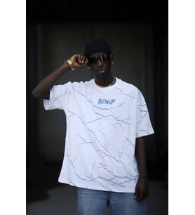 Oversize Pamuklu Bisiklet Yaka Şimşek Baskı Detaylı Erkek Yazlık T-shirt (Beyaz)