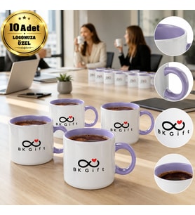 Logonuza Özel 10 Adet Porselen Lila Motto Fincan - 150 ml Kurumsal Kahve Kupası