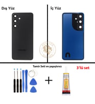 Samsung Galaxy S24 Siyah Renk Lensli Arka Kapak + Tamir Seti + B7000 Yapıştırıcı Arka Cam Batarya Kapağı Pil Kapağı Lazer Kesim Back Cover Galaxy S24 Uyumlu