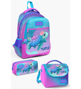 Coral High Kids Açık Pembe Mavi Kaplumbağa Desenli 3’lü Okul Çanta Seti SET0123497