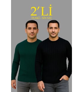 Erkek Fitilli Triko Kazak 2’li Set Siyah Haki Kalın Dokuma Pamuklu Regular Fit Bisiklet