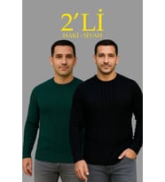 Erkek Fitilli Triko Kazak 2’li Set Siyah Haki Kalın Dokuma Pamuklu Regular Fit Bisiklet