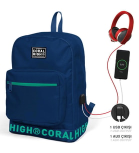 Coral High Lacivert Nakış Logolu Dört Bölmeli USB Şarjlı Kulaklık Çıkışlı Sırt Çantası 24107