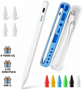 iPad Kalem, Apple Pencil Alternatifi, USB-C Hızlı Şarj, Palm Rejection, iPad Pencil, iPad 6-11 / Air 3-7 / Mini 5-7 / Pro Uyumlu, 4 Yedek Uç ve 6 Uç Koruyucu Dahil