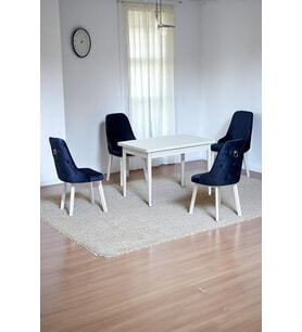 Still Beyaz MDF 70x110 Sabit Mutfak Masası Takımı Beyaz Metal Ayak 4 Lacivert Sandalye