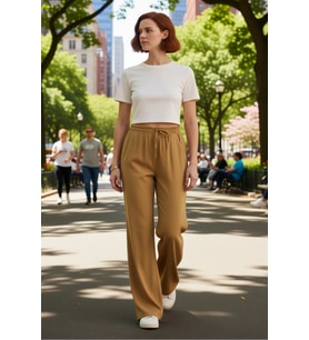 Kadın Wide Leg Jakarlı Beli Lastikli Keten Karışımlı Pantolon Fonksiyonel Dayanıklı Modern
