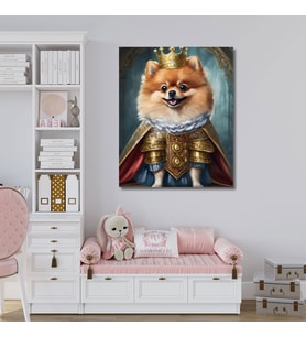 Tekli Dikey Kanvas Duvar Tablosu Kral Kostümlü Pomarian Köpek