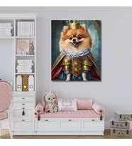 Tekli Dikey Kanvas Duvar Tablosu Kral Kostümlü Pomarian Köpek