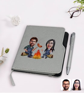 BK Gift Kişiye Özel Sevgililer Karikatürlü Gri Termo Deri Defter Kalem Seti-95