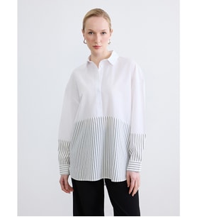 LC WAIKIKI Gri Çizgili Oversize Kadın Gömlek Tunik