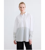 LC WAIKIKI Gri Çizgili Oversize Kadın Gömlek Tunik