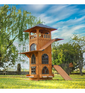 “MANDU” Ahşap 4 Katlı Teraslı Kedi Evi (Tırmalama + Mama Kaplı)