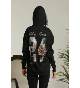 Baskılı Oversize Üç İplik Kapüşonlu Sweatshirt - Siyah