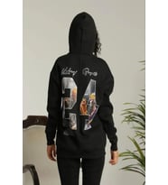 Baskılı Oversize Üç İplik Kapüşonlu Sweatshirt - Siyah